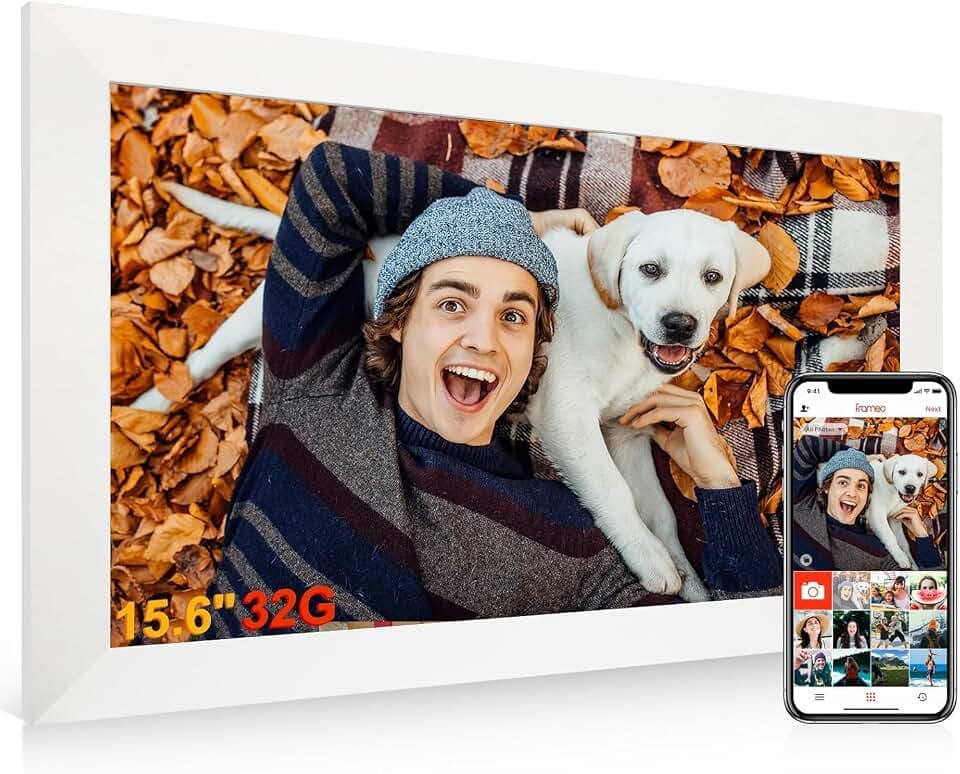 Digitaler Bilderrahmen Groß,15.6 Zoll Frameo Digital Photo Frame HD 1920*1080 IPS Touchscreen, Elektronischer Bilderrahmen mit WLAN, 32GB, Auto Drehung, Wandmontierbar, Fotos/Videos teilen - Weiß