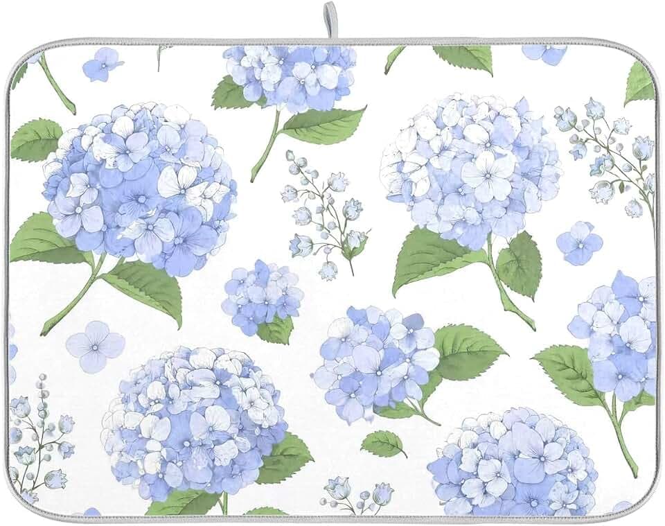 Blue Hydrangea Flowers Dish Drying Mat Super Absorbent Drying Mat Large Coffee Mat for Kitchen Counter Easy Clean Dish Mat Kitchen Drying Matt 16x18 inch
