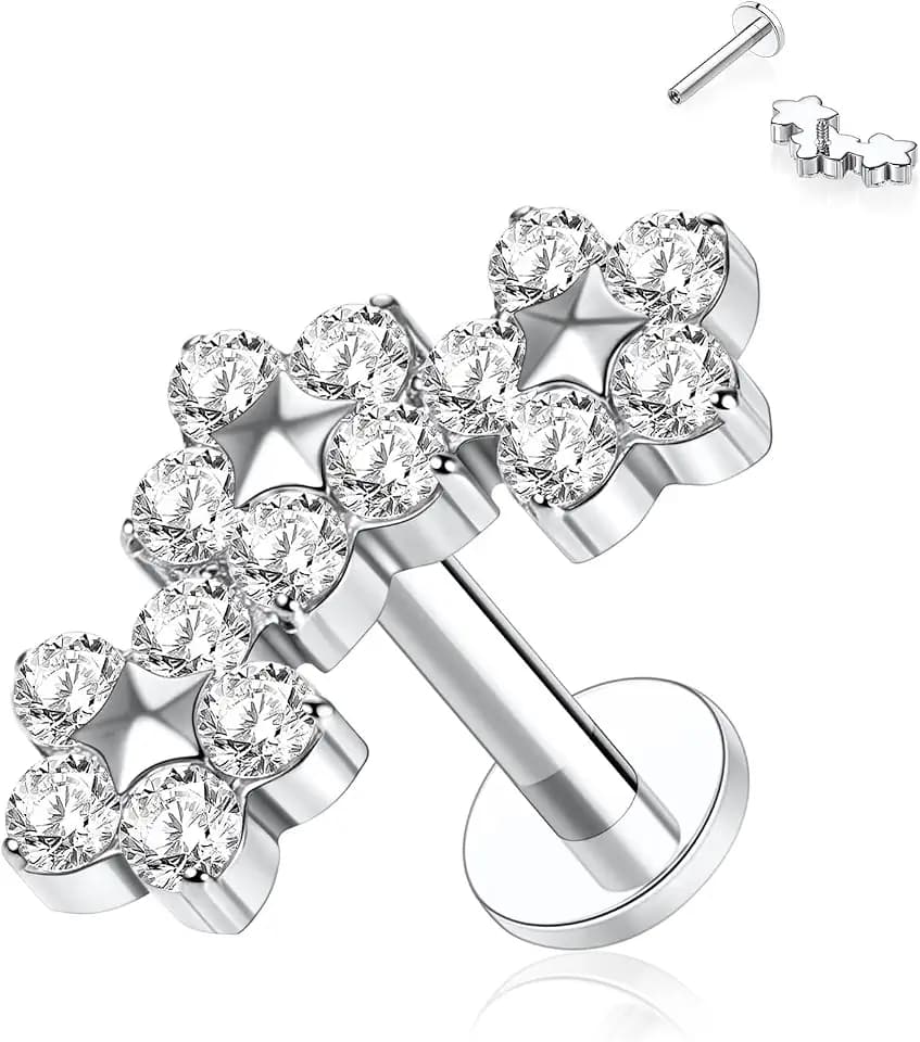 hengkaixuan 16G G23 Titan Flat Back Labret Studs Innengewinde Lippen Studs Tragus Piercing Monroe Medusa Lippenpiercing Silber Lobe Knorpel Conch Ohrring Schmuck 6 8 10 mm