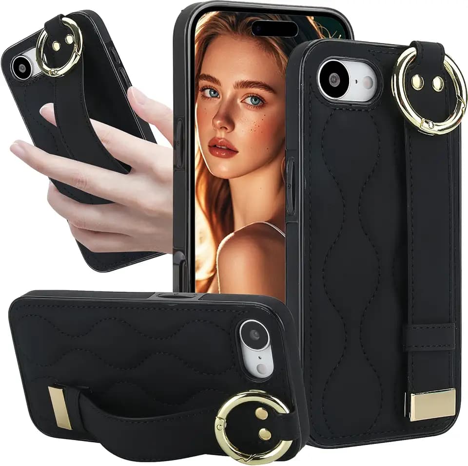 CCSmall for Apple iPhone 16E & iPhone 17E Case Wrist Strap Stand ZWD Black