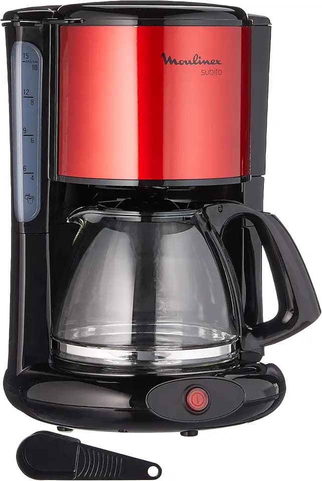 Moulinex Filterkaffeemaschine Subito, Glaskanne, 10-15 Tassen, 1,25L Fassungsvermögen, automatische Abschaltfunktion, herausnehmbarer Filtereinsatz, Wasserstandsanzeige, Edelstahl, rot/schwarz, FG360D