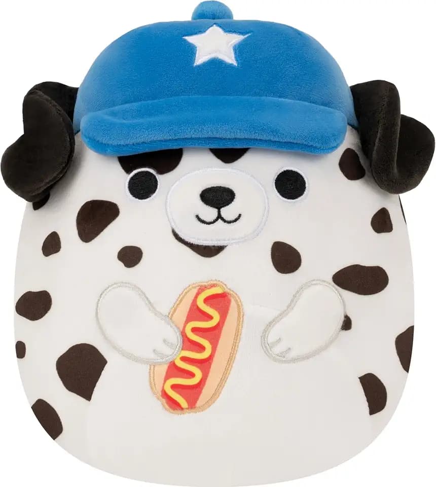Squishmallows Original 8in Dustin the Dalmatian with Blue Hat Holding Hot Dog – Official Jazwares Plush (Little)