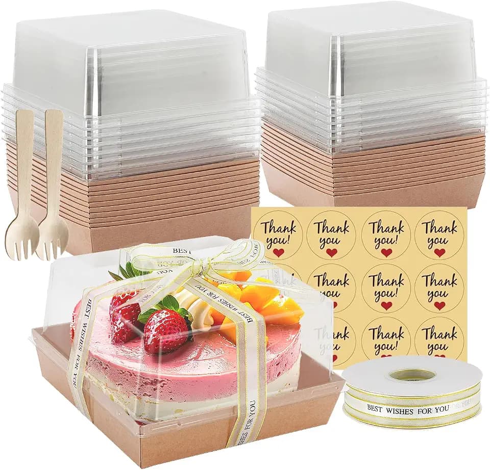 7 x 7 x 4 Inches Paper Charcuterie Boxes with Clear Lids, 25 Pack Large Clear Cake Boxes for 4-6 Inch Cake, Disposable Bakery Boxes Food Containers for Cupcakes,Pie,Cookies, Cocoa Bomb Brown