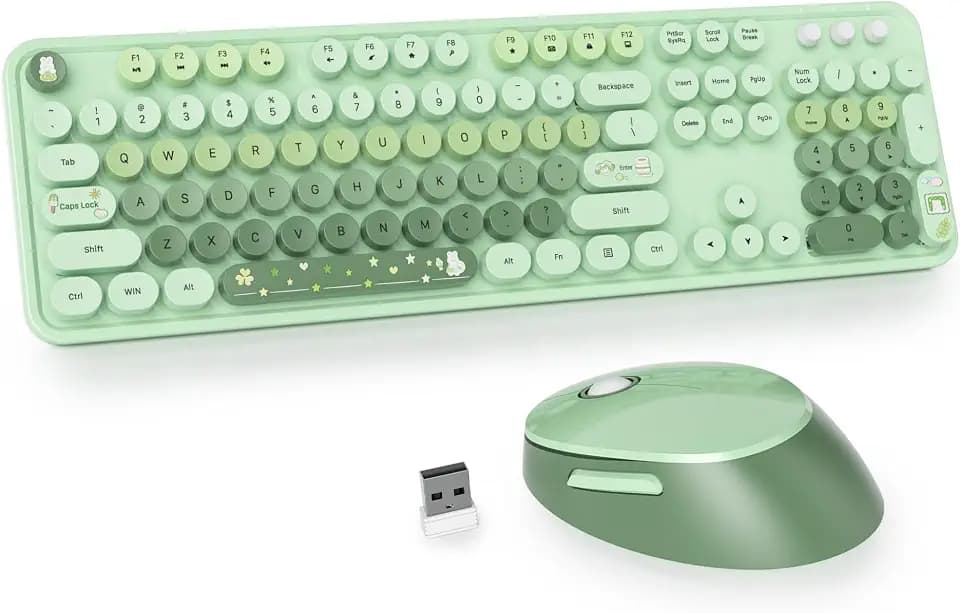 Owpkeenthy Colorful Green Keyboard and Mouse Wireless, 2.4G Retro Typewriter Aesthetic Cute Computer Keyboard Full-Size with Number Pad (Colorful Green)