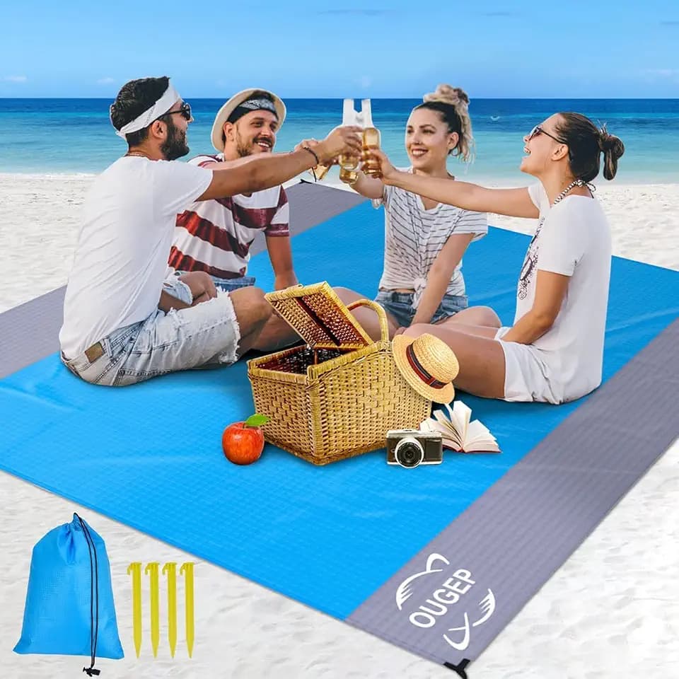 Stranddecke Sandfrei, Picknickdecke Wasserdicht Überdimensioniert Strandtuch Strandmatte 4 Befestigung Ecken für den Strand, Wandern, Campen und Outdoor (200 x 230 cm)(Blau/Grau)