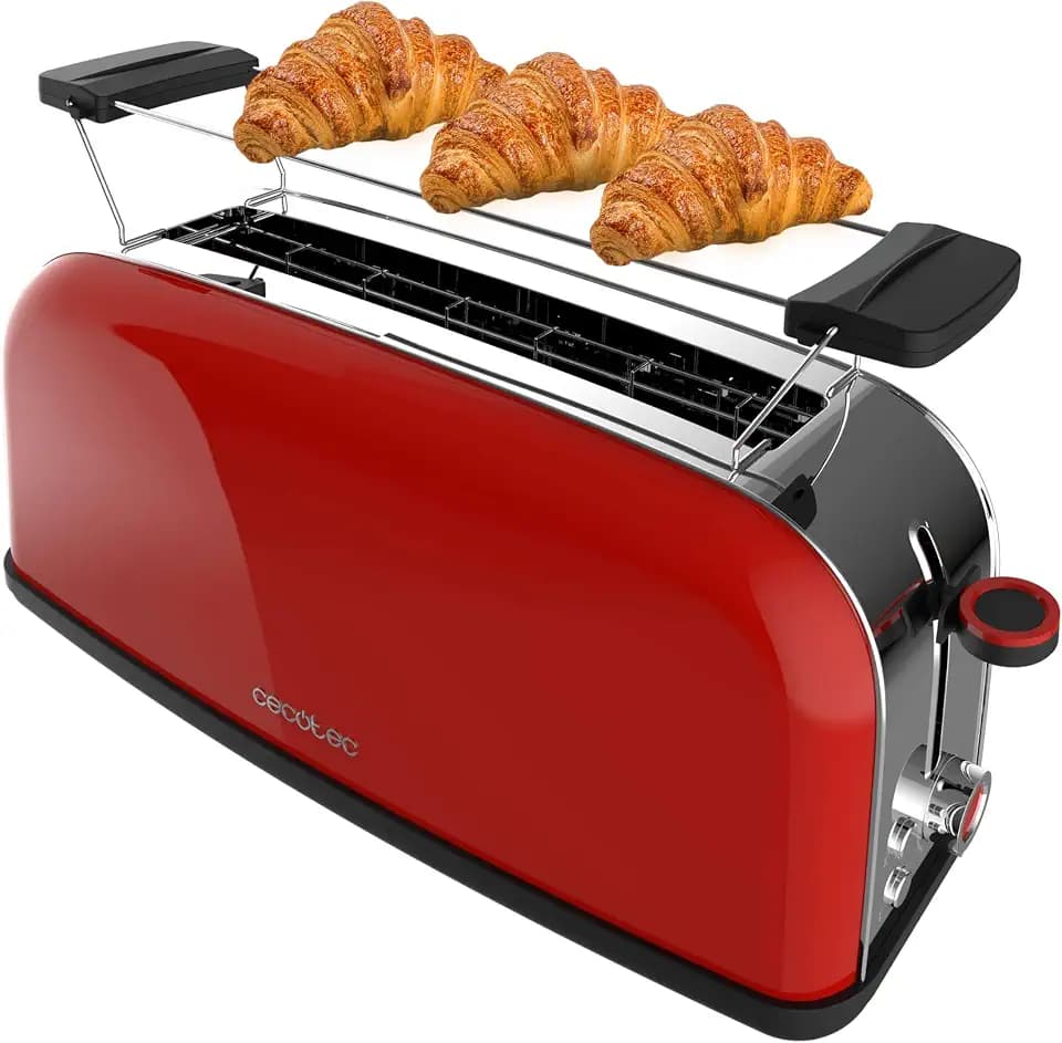 Cecotec Vertikaler Toaster 1 Langer Schlitz Toastin' time 850 Red Long, 850 W, 2 Scheiben Brot, 3,8 cm breiter Schlitz, Brötchenaufsatz und Krümelschublade, Edelstahl, Rot