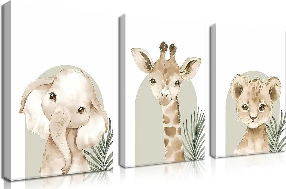 Nursery Wall Decor Set of 3, Cute Animal Lion Elephant Baby Pictures Poster Prints, Giraffe Jungle Canvas Wall Art Woodland Nursery Decor for Boys Girls Room Decoration 12x16 inch Framed