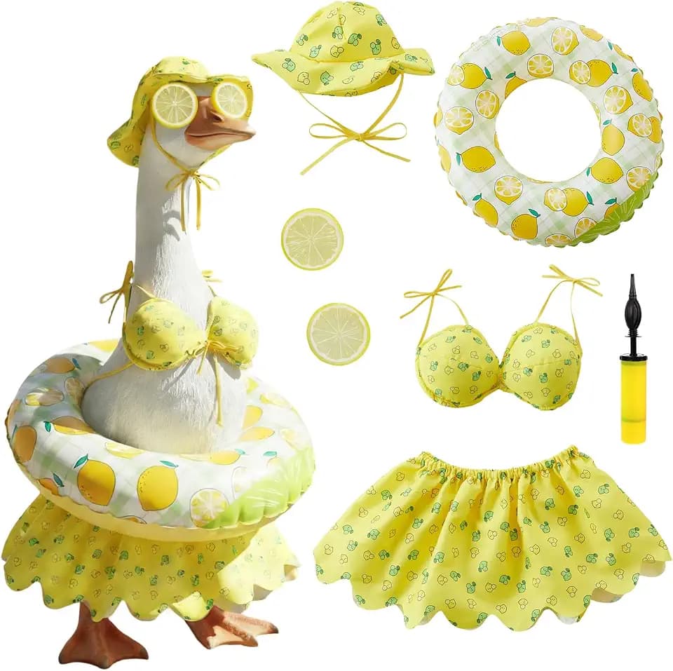 Summer Porch Goose Outfit Set for 23'' Cement Plastic Lawn Goose Statue,Funny Lemon Bikini Clothes with Inflatable Swim Ring, Sun Hat & Glasses, Cute Beach-Themed Decor for Outdoor Yard Statues