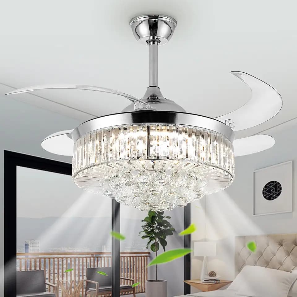 BAVNNRO 42" Crystal Ceiling Fan with Light, Silvery Chandelier Fan with Remote, 6 Speeds 3 Colors Changes 4 Blades Retractable Ceiling Fan for Bedroom, Living Room, Dining Room