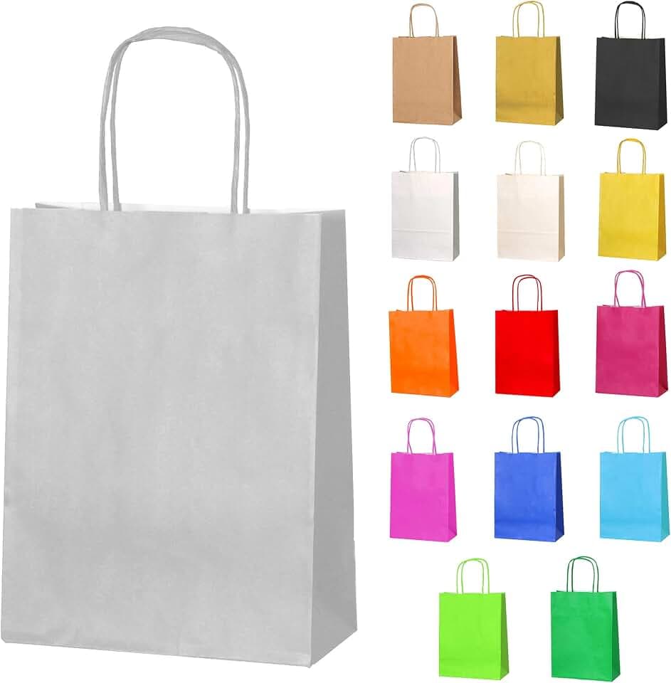 Thepaperbagstore 50 Silberne kleine Papiertüten mit Henkle 18 x 22 x 8 cm