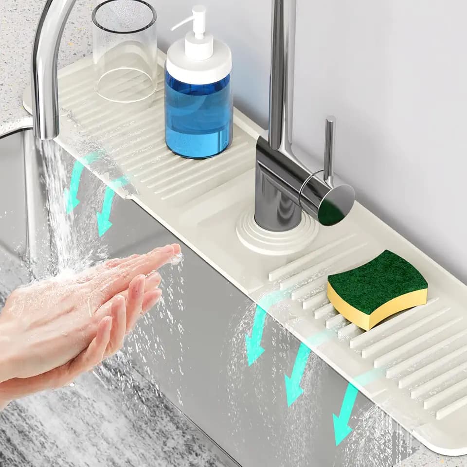 24'' Faucet Mat for Kitchen Sink [5°Slope Fast Self-draining] Faucet Mat Kitchen Sink Splash Guard Silicone Sink Faucet Mat Splash Guard Kitchen Sink Area Tidy Splash Faucet Guard Draining Mat-Beige