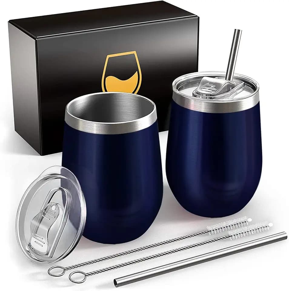 Weinbecher aus Edelstahl,2 Stück 12OZ Weingläser to go,hält 5h heiß/ 10h kalt,BPA-frei,Doppelwandigen Vakuumisoliert Weinglas,Camping Geschenk für Frauen,Dunkelblau