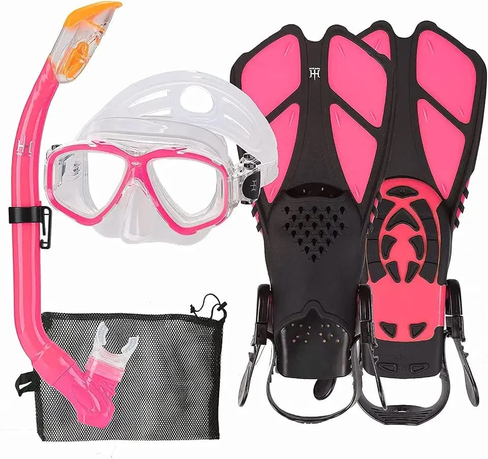 Schnorchelset Kinder mit Flossen, 180° Panorama Weitblick Taucherbrille Kinder, Verstellbaren Schwimmflossen, Hochwertige Tauchermaske und Dry Top Schnorchel