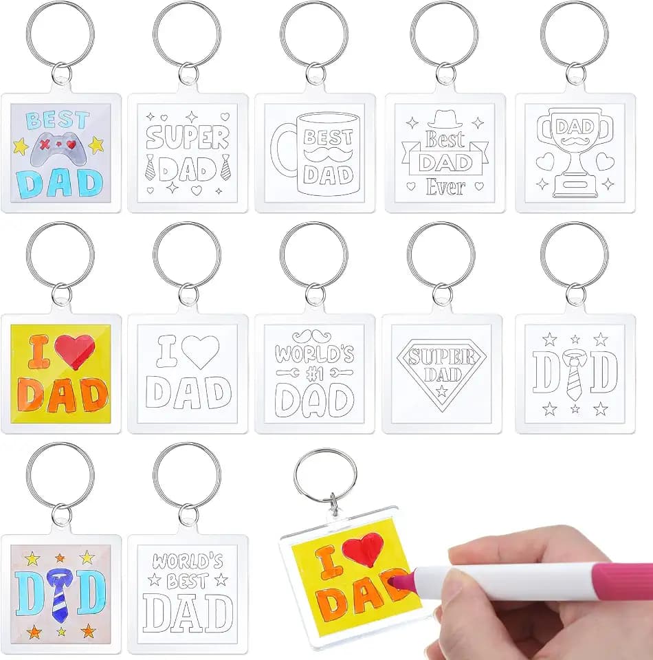 24 Pcs Acrylic Father's Day Keychains Crafts Color Your Own Dad Keychains Bulk DIY Best Dad Ever Paper Crafts Gifts Kit for Happy Father's Day Party Gifts Activities