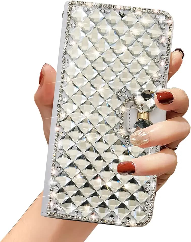 Omio for Galaxy S23 Ultra Wallet Case Luxury Glitter Bling Diamond Card Holder with Stand Sparkle Crystal Bow Shockproof Non-Slip Fashion Flip Cover for Women Girls White