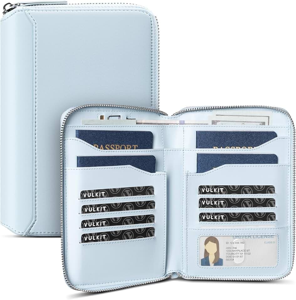 VULKIT Leather Passport Holder for 4-8 Passports Family Passport Wallet with Zipper Travel Documents Organizer for Men or Women(Light Blue)