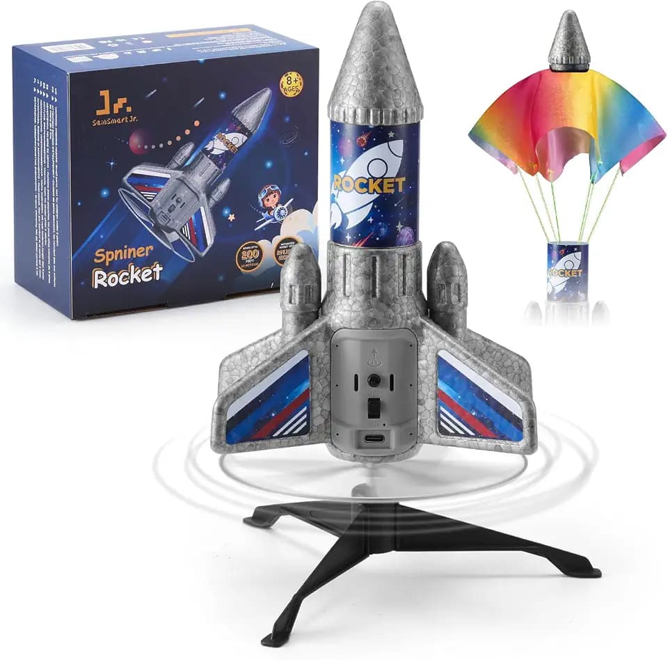 SainSmart Jr. Rocket Launcher for Kids - Upgraded Version, 200 ft Self Launching Motorized Rocket Toy with LED and Safety Parachute, Outdoor Toys for Ages 8-12, Birthday Gift for Kids Boys & Girls