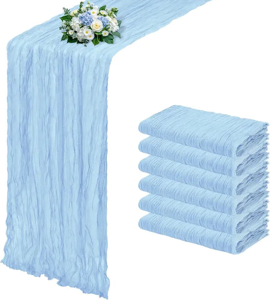 6 Pack Baby Blue Cheesecloth Table Runner 17x108 Inch Semi Sheer Boho Gauze Cheese Cloth Fabric Table Runners, for Wedding Party Baby Shower Birthday Home Decor Garden Farmhouse