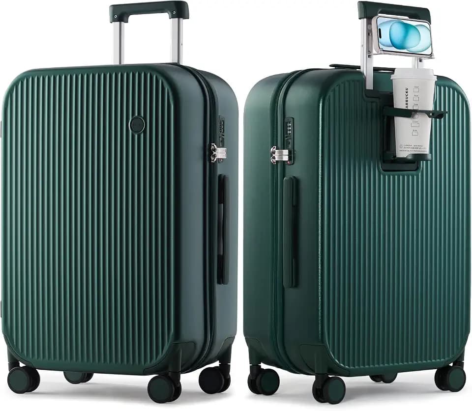 mixi Large Checked Luggage with Cup Phone Holder 26 Inch, Blackish Green