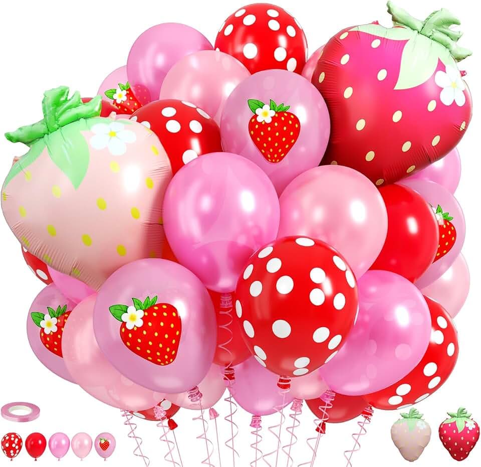 Strawberry Balloons, 50 Pcs Red Pink Dot Fruit Printed Berry Foil Balloons