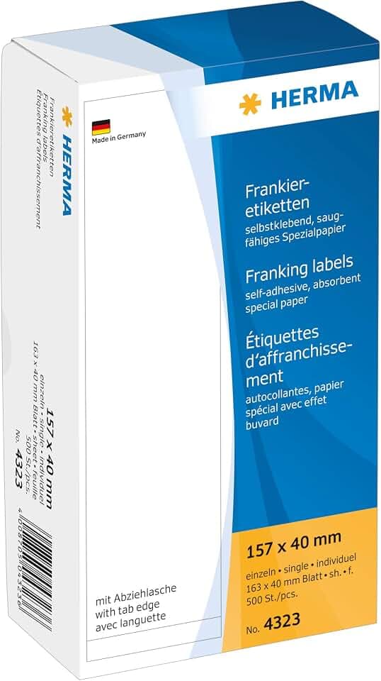 HERMA 4323 Frankieretiketten für Frankiermaschinen, 157 x 40 mm, 500 Stück, selbstklebend, matt, einzeln, Papier Frankier-Etiketten Klebeetiketten Aufkleber mit Abziehlasche, weiß