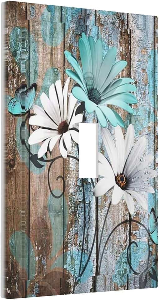 Farmhouse Country Teal Flower Floral Butterfly Decorative Single Toggle Light Switch Cover 1-Gang Wall Plate Blue Daisy Brown Wood Wooden Board Electrical One Device Outlet Switch Face Wallplate Cover
