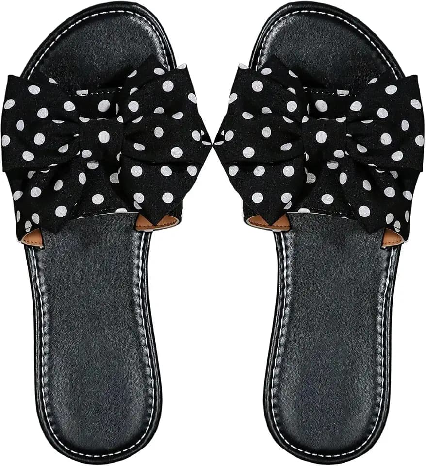WDIRARA Women's Polka Dots Sandals Slide Flats Open Toe Slip on Leather