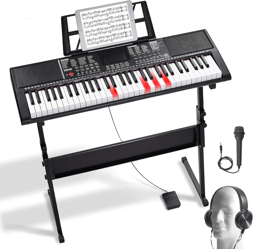 VEVOR Digitales Klavier mit 61 Tasten, beleuchtete Tasten, tragbares elektrisches Klavier mit Ständer, 600 Töne, 500 Rhythmen, integrierte Lautsprecher, Sustain-Pedal, Kopfhörer, Mikrofon, USB