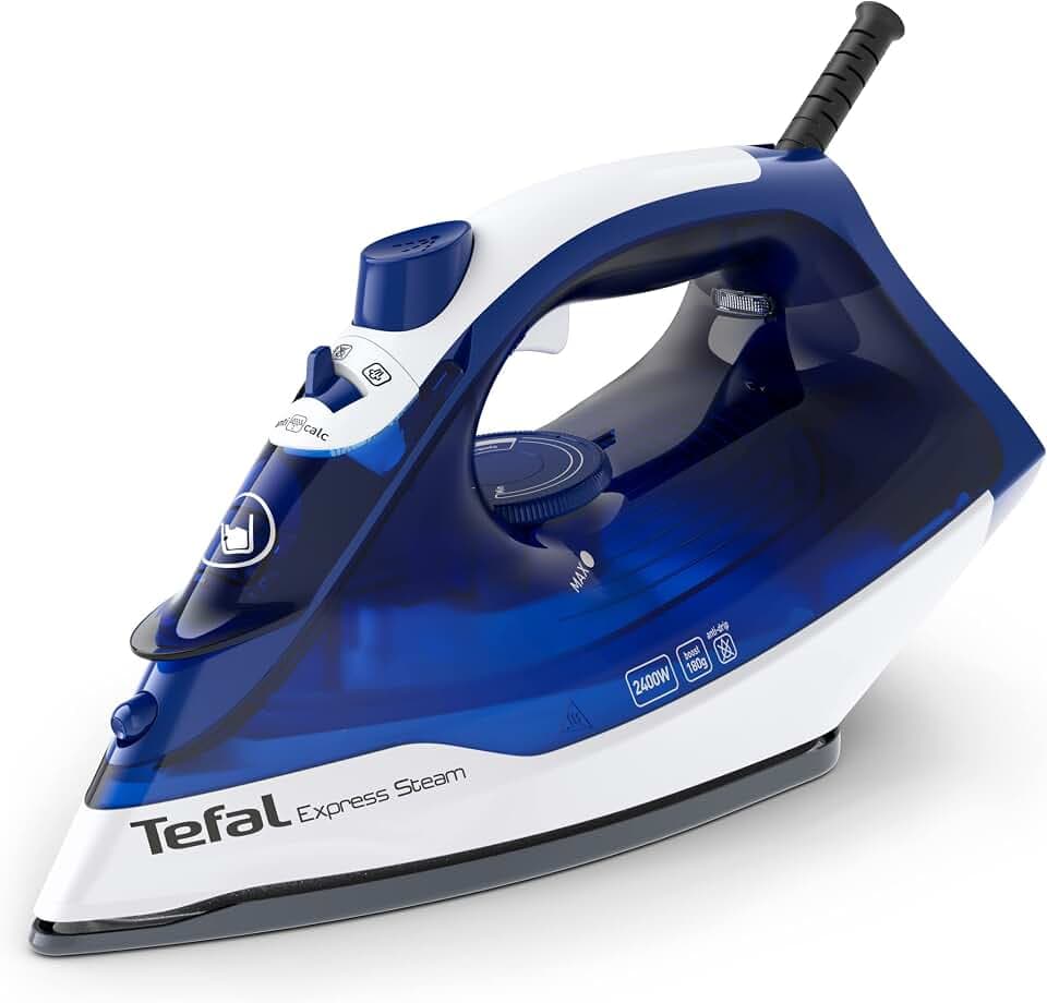 Tefal Express Steam Dampfbügeleisen, 2400 Watt, Dampfstoß: 180 g/Min., 270 ml Fassungsvermögen, schnelles Aufheizen und effizientes Bügeln, Keramik-Bügelsohle, Tropfstopp, blau, FV2838