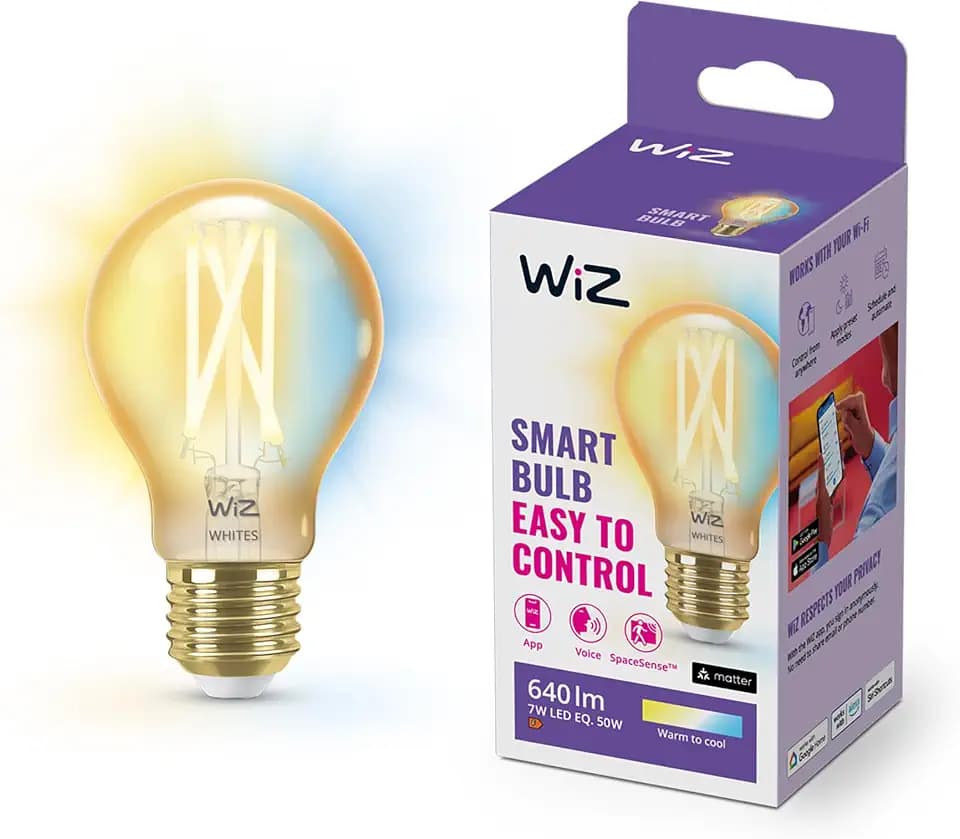 WiZ Tunable White Amber LED Lampe, Standardform 1er-Pack E27, 50W, Vintage Design, dimmbar, warm- bis kaltweiß, smarte Steuerung per App/Stimme über WLAN