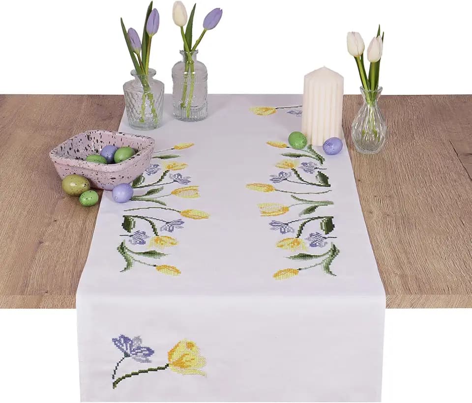 Trimits Kreuzstich-Set – Tischläufer – inklusive bedrucktem Stoff, Garn, Nadel und Anleitung, 40 x 100 cm, Tulpenmotiv