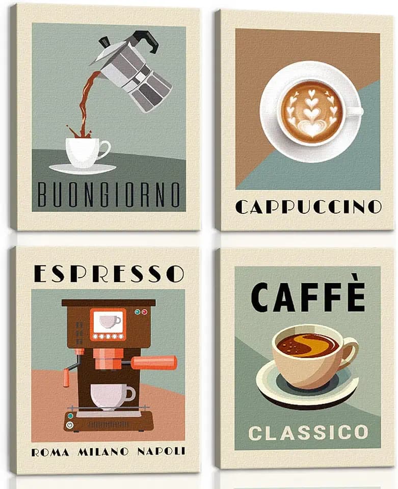 BINCUE 4 Teilig Retro Kaffee Leinwandbilder Wandkunst,Kaffee Bar Küchen Wanddekoration,Cafe Coffee Kaffeetasse Kaffeebohnen Frühstück Bilder Deko Für Zuhause Esszimmer Bäckerei Kaffeeshop,20x25cm