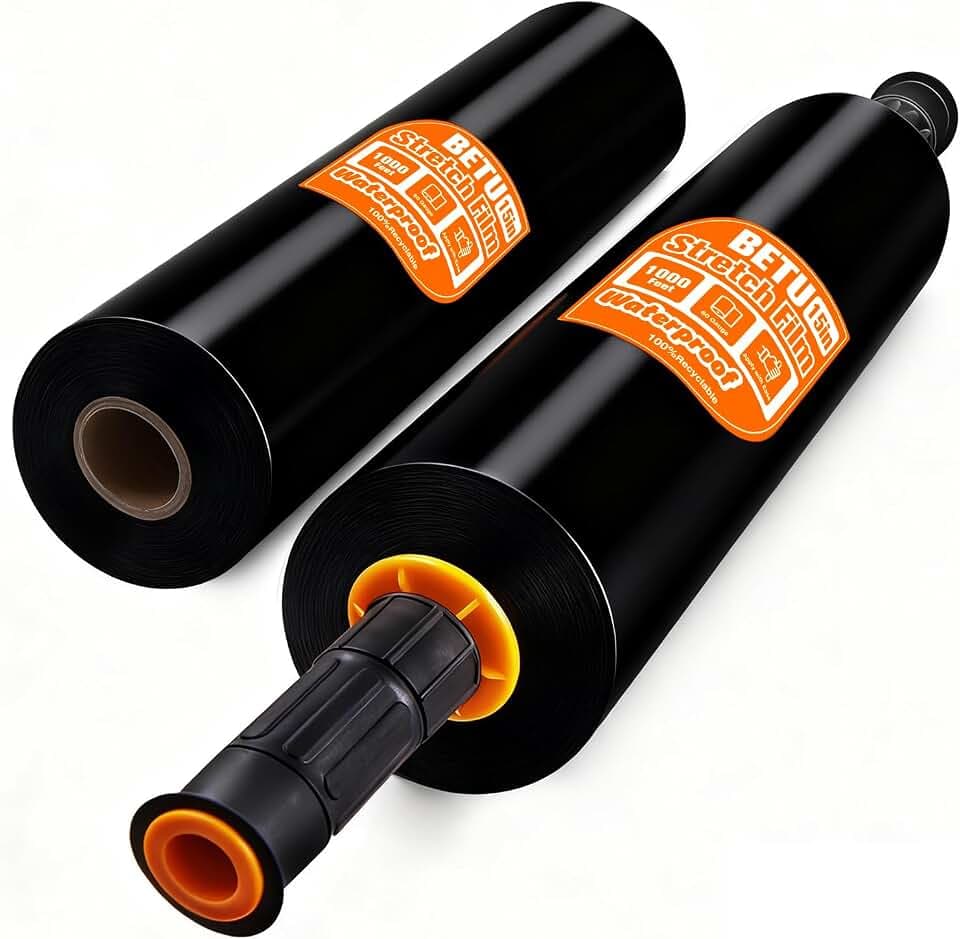Black Stretch Film Shrink Wrap for Moving Supplies (15inch, 2 Pack) x 1000ft, Industrial Strength Plastic Wrap Stretch Roll for Pallet Wrapping Shipping Moving Boxes Storage Furniture with Handles