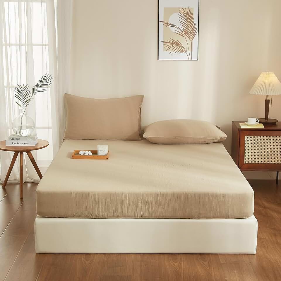 Spannbettlaken, 160 x 200 cm, Baumwolle, Khaki, Spannhöhe 30 cm, Spannbettlaken, 160 x 200 cm, doppelt, aus Baumwollgaze, super weich, bequem, atmungsaktiv, Bettlaken für dicke Matratzen