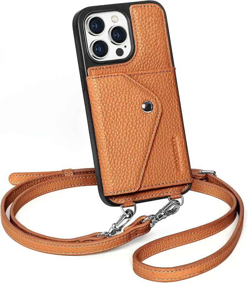 LUCKYCOIN Genuine Leather Crossbody Wallet Phone Case for iPhone 14 Pro Max