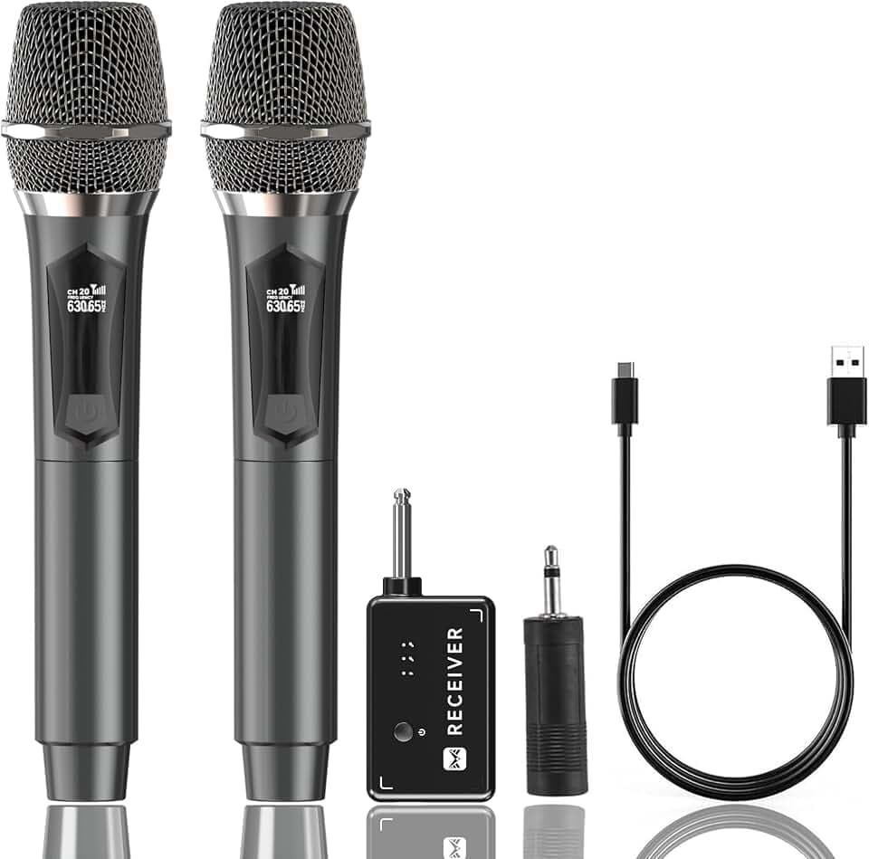MAILANGSHI Mikrofon Kabellos, Professionelles Dynamisches Dual-Handmikrofon mit Wiederaufladbarem Empfänger, 40 Stunden Laufzeit, 200 Fuß(60m) Reichweite, Karaoke-Mikrofone Singen, Heimparty (Grau)