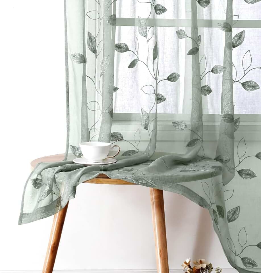 HOMEIDEAS Sage Green Sheer Curtains Leaf Embroidered, 52x63 Inch, 2 Panels
