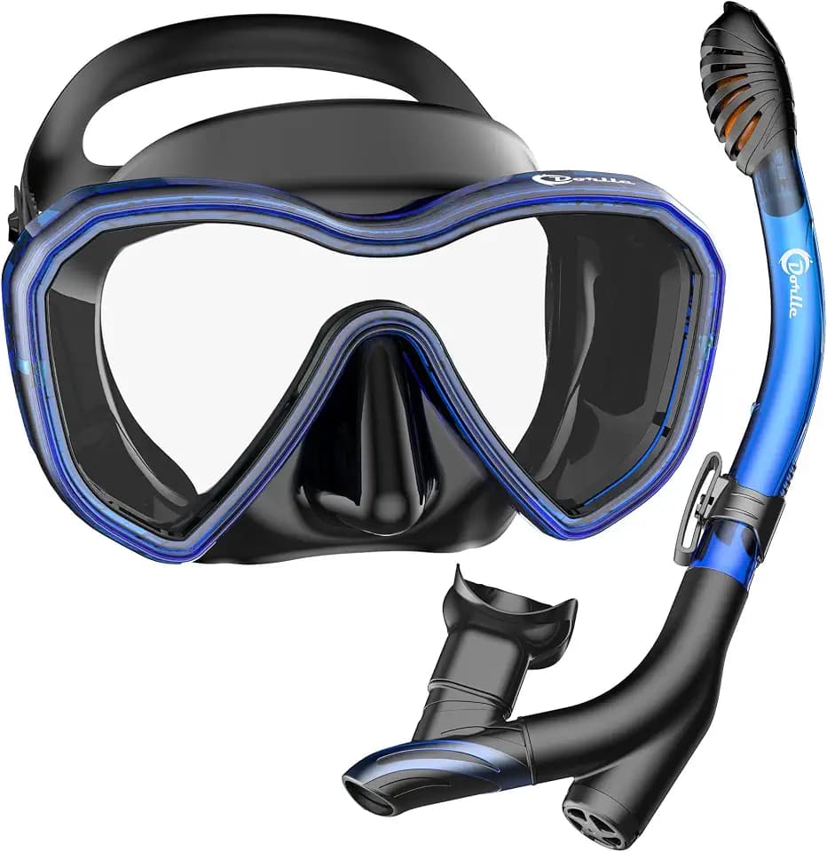 Dorlle Schnorchelset, Neu Verbesserte Panorama Schnorchelmaske, wasserdichte Tauchmaske Anti-Fog Anti-Leck aus Gehärtetem Glas, mit 3-Kanal Premium Dry Schnorchel für Erwachsene