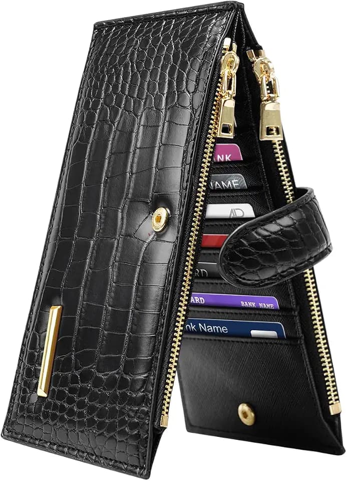 Women Wallet Large Capacity Wallets Crocodile RFID Blocking Multi Card Organizer Womens Billfold Long Purse Credit Cards Holder with Double Zipper,Black