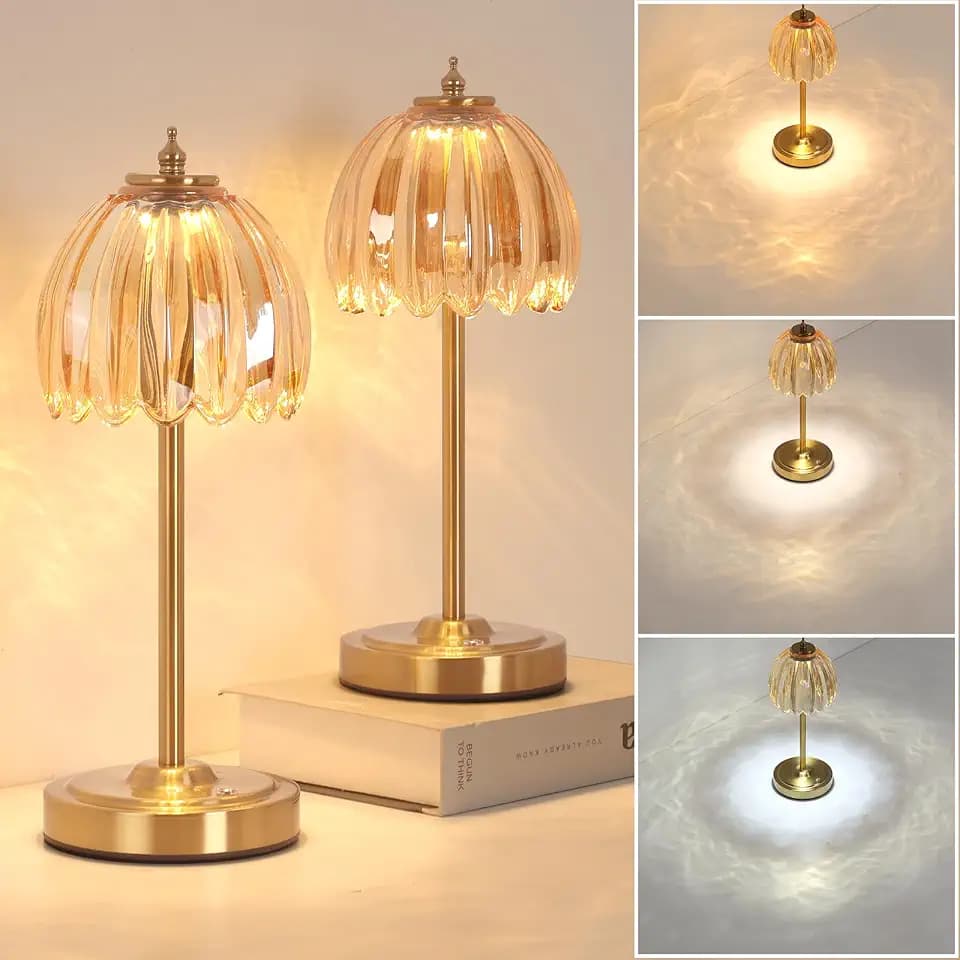 Shenmoyl Set of 2 Tulip Table Lamp with 5000mAh Battery & Touch Control, Cordless Table Lamp with 3 Colors, Dimmable Rechargeable Table Lamps for Bedroom, Living Room, Entryways (Amber Tulip)
