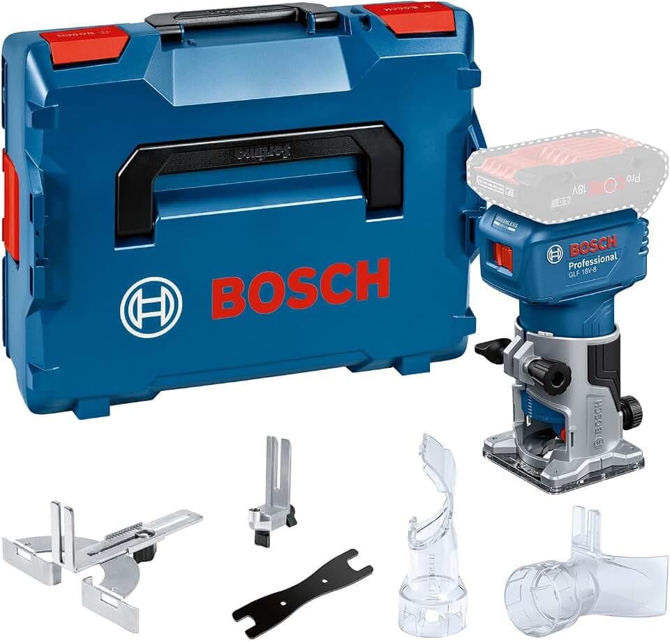 Bosch PRO 18V System Akku-Kantenfräse GLF 18V-8 (Parallelanschl., Saugadapter Oberflächenfr. & Kantenfr., Rollenführung bündiges Schneiden, 8mm-Spannz., Spannschl., L-BOXX, o. Akku/Ladeger.)