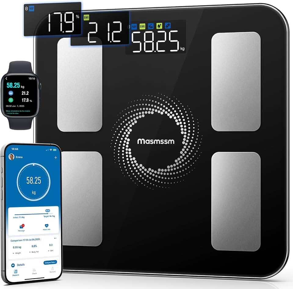 Personenwaage Körperfettwaage, Körperwaage Bluetooth Körperanalysewaage mit 6 Auto-Rotierenden Messwerten, 20 Körperwerte, BMI, Körperfett, kompatibel mit iOS/Android, Max. 180 kg