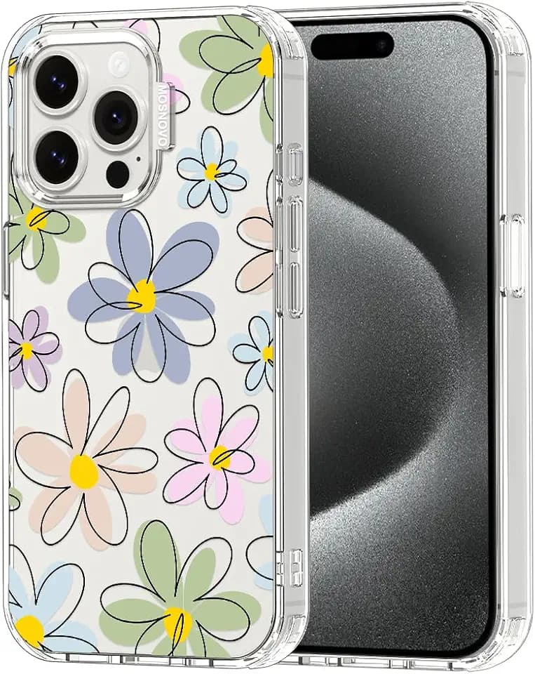 MOSNOVO Case for iPhone 15 Pro Max, [Buffertech 6.6ft Military-Grade Drop Protection] [Anti Peel Off Tech] Clear TPU Bumper Phone Case Cover Design - Linear Blooms