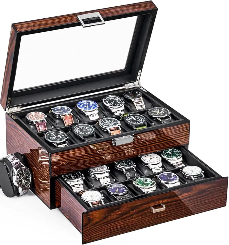 BEWISHOME High-End Watch Case, 20-Slot Watch Box Organizer Large Glass Lid