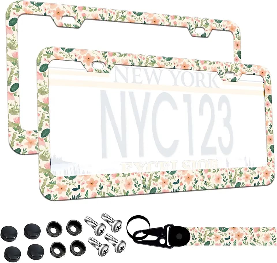 2-Pack Pink Floral License Plate Frame, Green Leaves 2-Hole