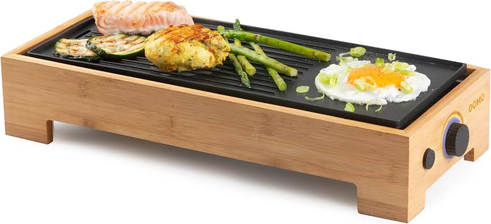 DOMO DO9270G Teppanyaki Grill Platte Bamboo Style 'Just Us' | Elektrische Plancha, Bambusholz, PFAS-freie Beschichtung, 1000 W