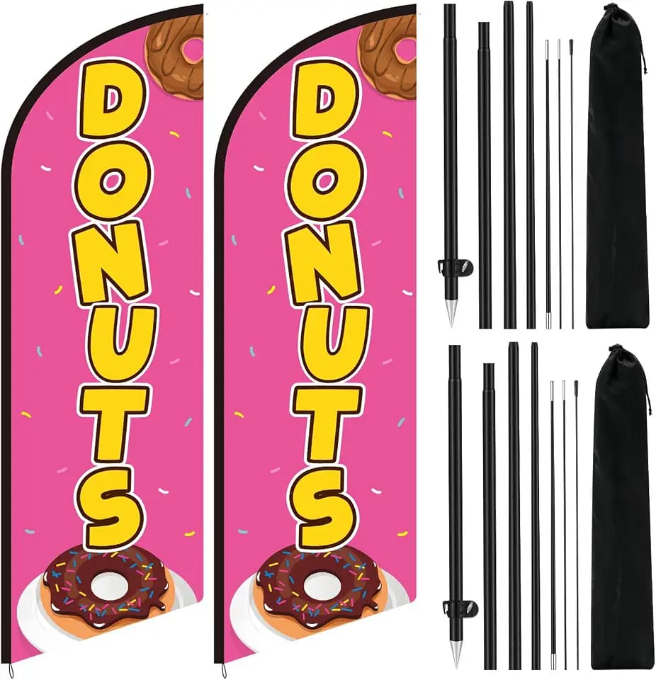 Lounsweer 2 Set Donuts Advertising Feather Flags 8.2 ft Donuts Advertising Feather Flags with Flagpole and Bag for Donut Coffee Shops Dessert Baking Shop Outdoor Advertisement