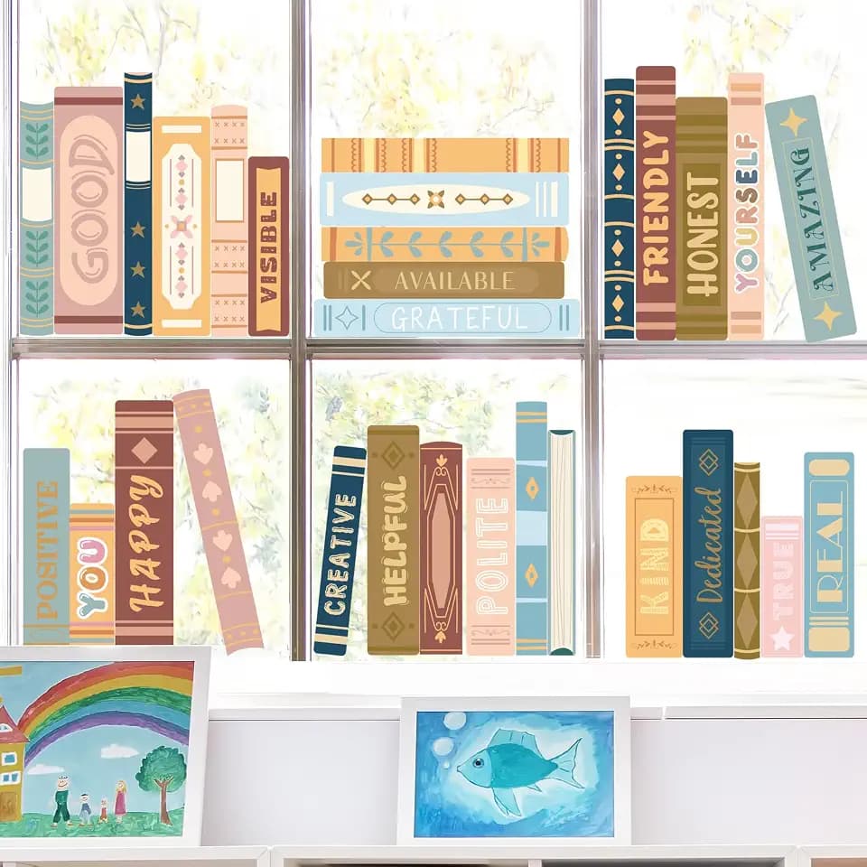 AmazingSpark 12 Sheet Back to School Window Clings Boho Book Classroom