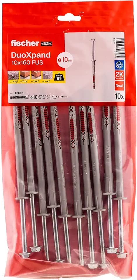 fischer DuoXpand 10 x 160 FUS, hochwertiger Universaldübel mit Sechskantschraube & angeformter U-Scheibe (10 Stk.), Dübel für starken Halt, ideal für poröse Baustoffe & randnahe Verankerungen