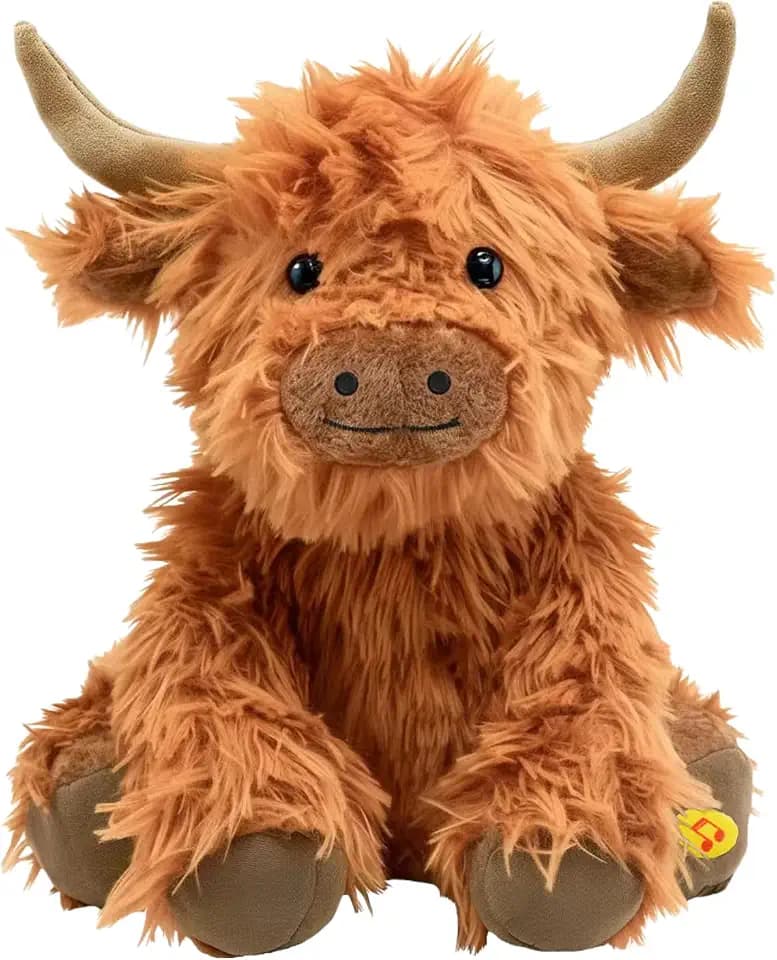 SOLPOBEI Music Highland Cow Stuffed Animal with Sound, Farm Cow Toy with ''Moo''Sound, Soft Farm Animal Cattle Plushie Doll Festival Presents for Adults Kids Boys Girls (Brown)